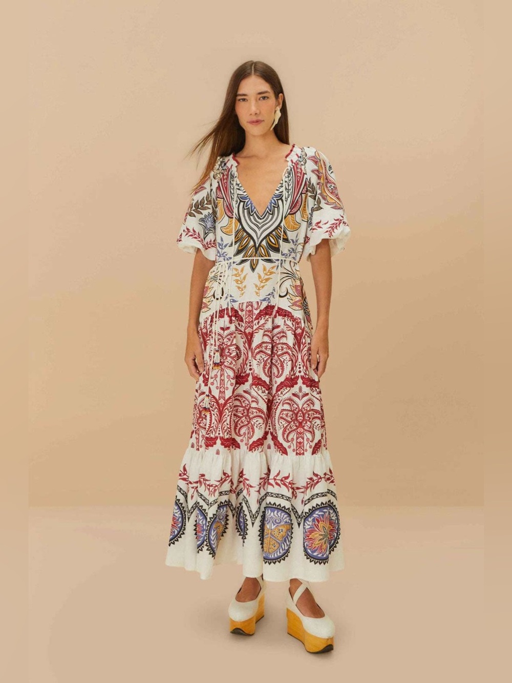 FARM Rio Black & White Striped Tropical Boho Maxi Dress with Brown Accents